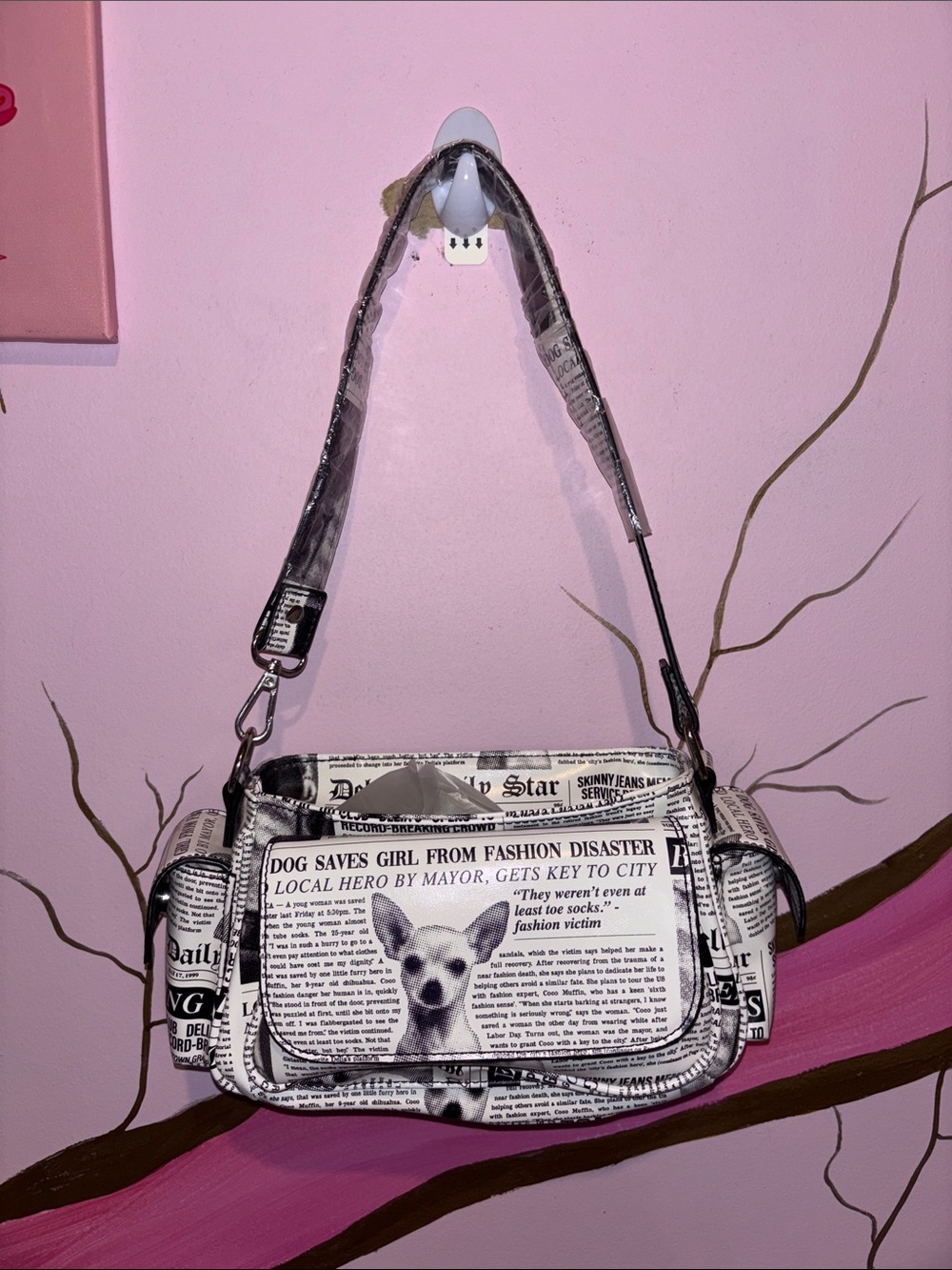 DOLLS KILL Newspaper Print Dog Accent Shoulder Bag in Black & White